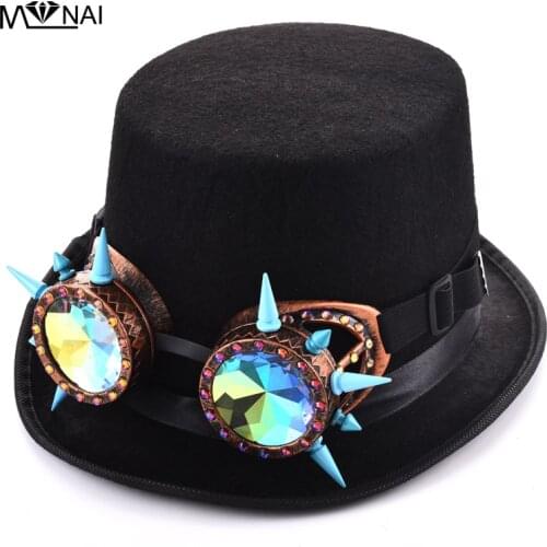 Gothic Womens Mens Black Steampunk Hat With Pink Rivets Glasses For Cosplay Steam Punk Spikes Goggles Fedora Hat Ffor Party