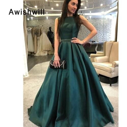 Custom-made Fabulous Evening Dress Teal Color Sleeveless Open Back Beaded Satin A-line Cheap Long Prom Dresses 2020