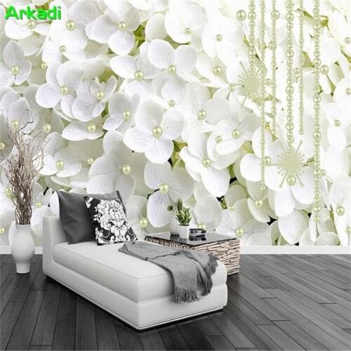 Modern minimalist white flowers pearl 3D jewelry background wall paper living room bedroom warm flower decoration