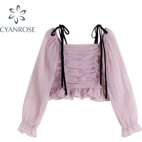 Summer Off Shoulder Pleated Mesh Shirt Women 2021 New French Sweet Vintage Square Collar Long Sleeve Ladies Chiffon Blusas Tops