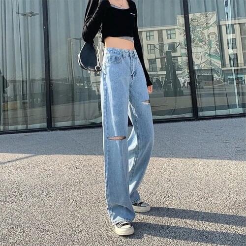 Ripped Jeans Women High Waist Tight-fitting Retro Clothing Solid Color Long Autumn Straight-leg Pants Super Stretch Woman Pants
