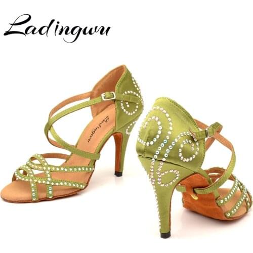 Ladingwu Dance Shoes Latin Women Rhinestone Salsa Shoes Dance Ballroom Party Profession Dance Shoes Heel 10cm Green Skin Color