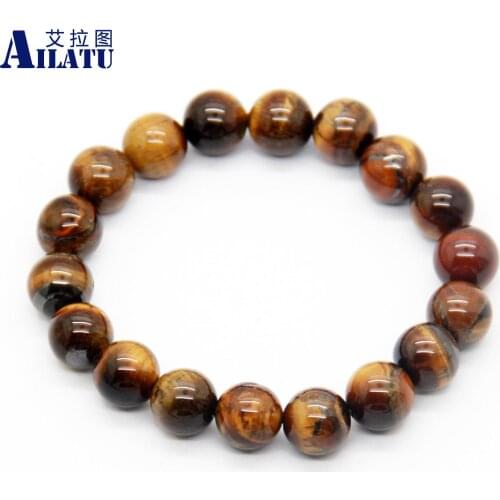 Ailatu Free Shipping Mens Energy Jewelry 10mm Natural Tiger Eye Round Stone Beads Bracelet