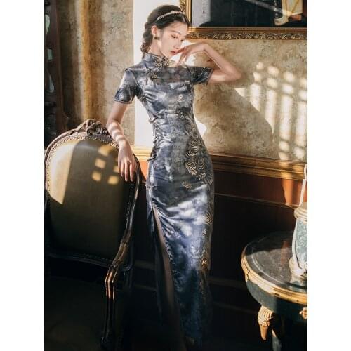 Qipao Evening Dresses Grey Blue Satin Cheongsam Dress Retro Republic Of China Cheongsams Traditional Qipao Chinese Dress