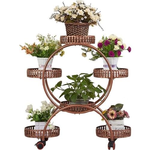Household flower racks wrought iron multi-layer wheeled floor-standing green flower pot rack living room balcony flower shelf