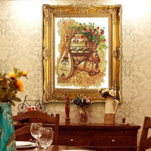 Clay pot and guitar Cross Stitch Kits Flowers Printed pattern canvas Chinese Embroidery Needlework set Cross-stitch Home Decor