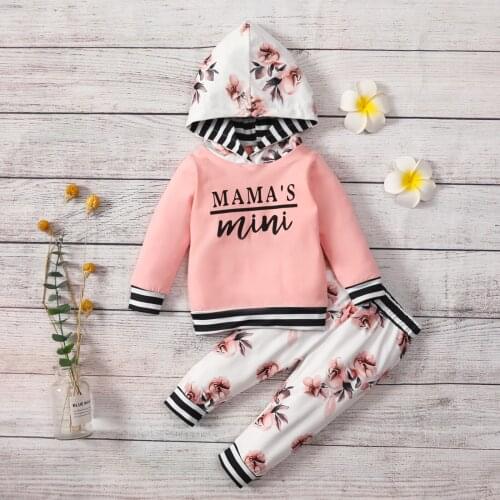 2Pcs Spring Autumn Outfit Baby Girls Clothes Stripe Splicing Long Sleeve Letter Hoodies Tops + Floral Printing Long Pants Set