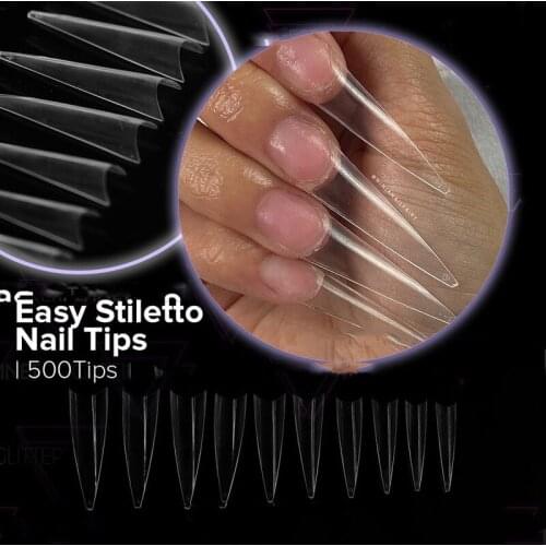 600pc 0-9 sizes Long-Tips False Nail tips French Tip YDF 600PCS Long Sharp Stiletto French False Nail Art Tips