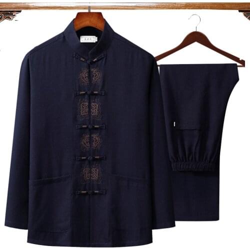 Autumn Embroidery Chinese Mens Cotton Linen Wu Shu Clothing Long Sleeve Shirt & Long Pant Kung Fu Tai Chi Suit Large Size 4XL