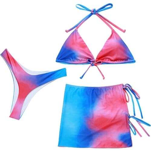 40GC Sexy 3pcs Swimsuit Set Women Tie-Dye Halter Bra Triangle Thong Brazilian Bikini Bandage Bathing Suit with Side Tie Sarong