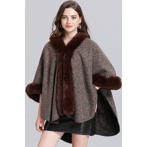 ZJZLL Hot New European And American Women Solid Velvet Imitation Fox Fur Collar Plus Size Cardigan Knitted Winter Shawl Poncho