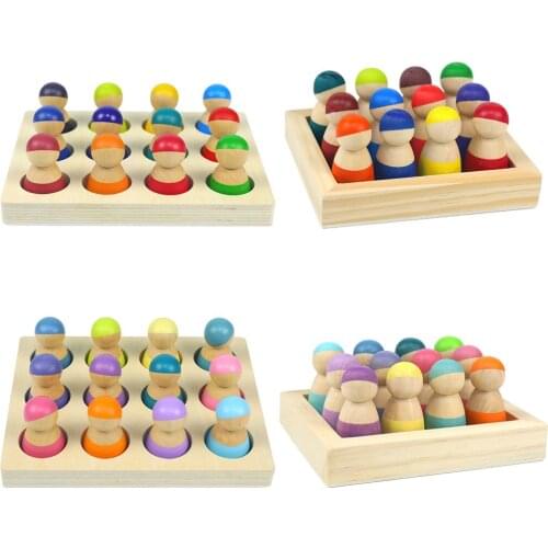 Miniature Rainbow Peg Dolls Painted Small Building Blocks Game for Kids 1-4 Years Old Boy Girls