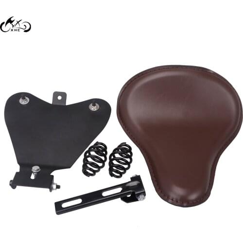Motorcycle Brown Leather Solo Seat 3" Black Spring Bracket Base Slim Set For Harley Honda Yamaha Kawasaki Suzuki Bobber Chopper