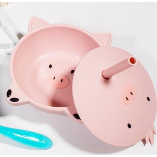 Cartoon Anti-fall Silicone Sucker Bowl with Straw Lid Solid Soup Microwave Food Self Feeding for Baby Kid Children Creative Gift