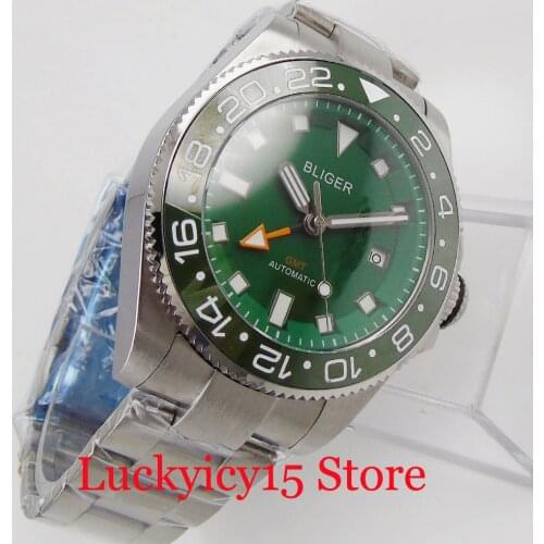 BLIGER 43mm Green Dial Men Wristwatch Sapphire Glass Silver Case GMT Automatic Watch