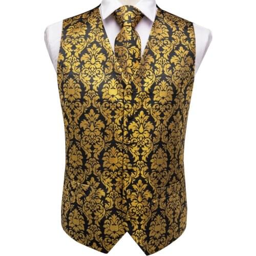 Mens Formal Vest Set Silk Classic Wedding Necktie Waistcoat Vest Pocket Square Suit Set Gold Vests for Men Hi-Tie MJTZ-0008