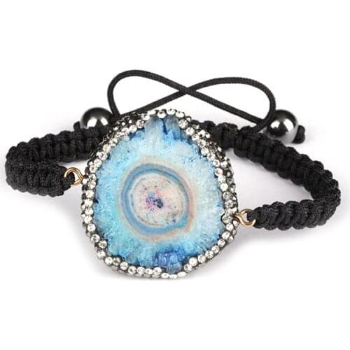Sky blue druzy crystal stone slice bead pave rhinestone beads hematite end bead charm black rope macrame bracelet unisex