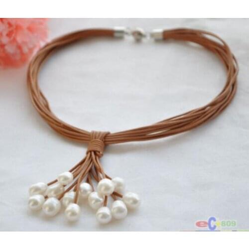 Wholesale 15row 17" 13mm white rice pearl coffee leather grape necklace