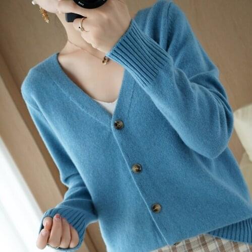 Autumn Womens Cardigan 100% Wool Knitted Sweater Chic Tops Cashmere Coat V-neck Full Sleeve Loose Causal Womens Jacket Spring