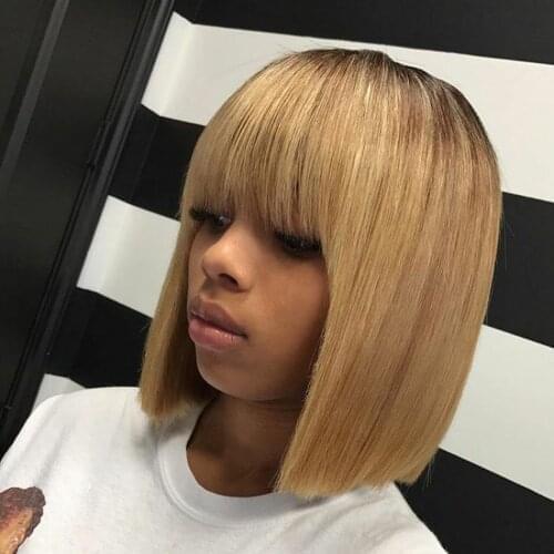 Full Machine Made Short Bob Human Hair Wigs Wiht Bangs For Black Women Straight Brazilian Remy Hair Wigs Glueless Ombre Color
