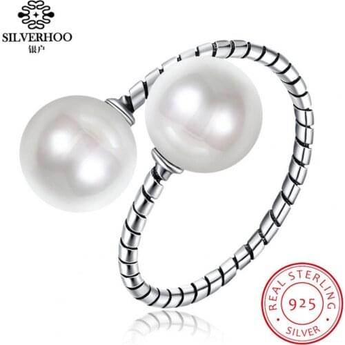 SILVERHOO Pearl Woman Ring 925 Sterling Silver Adjustable Ring Romantic Fashion Retro Design Engagement Party Gift for Friends