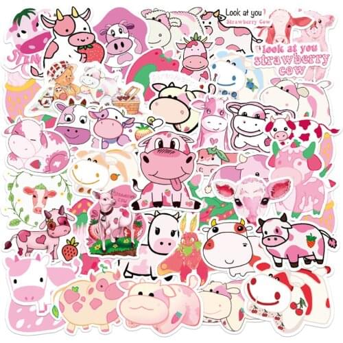 50PCS Kawaii Pink Strawberry Cows Cartoon Stickers Travel Luggage Guitar Fridge Laptop Waterproof Cool Classic Stickers for Kid