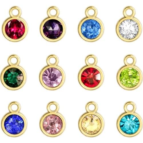 12pcs Round Gold Color Birthstone DIY Birthday Stones 12 Months Alloy Size 7*10mm Charms Pendants