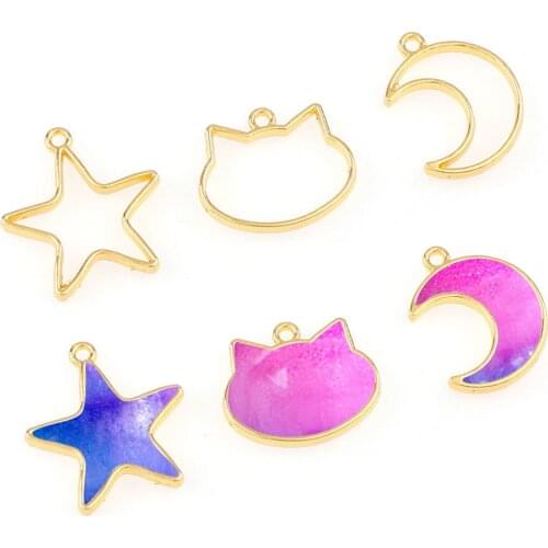 15pc/set FashioMix Cat Moon Star Metal Hollow Gold Color DIY Frame Pendant Gold Charm Bezel Setting DIY UV Resin Charm Epoxy