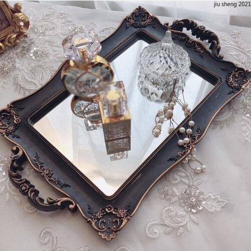 European Style Resin Mirror Tray Luxury Square Dresser Cosmetic Perfume Jewelry Storage Box Food Cup Jewelry Storage Tray Decor