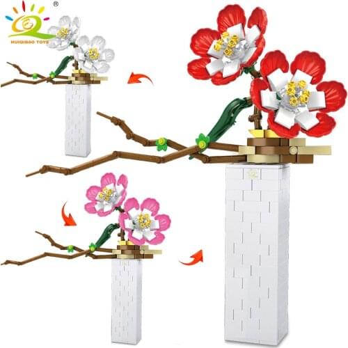 HUIQIBAO 398pcs 3in1 Flower Plum Potted Model Building Blocks Creative City Bricks Set Children Toys DIY Decoration Gift