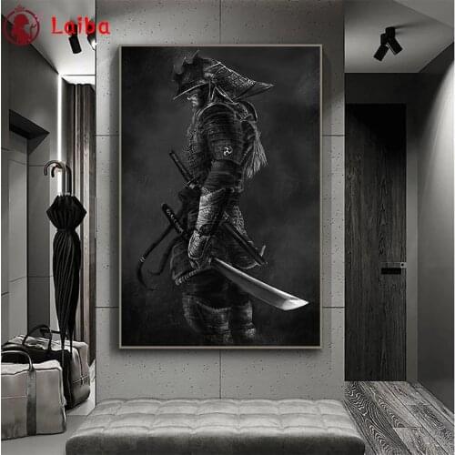 DIY Diamond Painting Abstract black and white art, Japanese samurai Diamond Mosaic Full Drill Square Embroidery Handmade Hobby