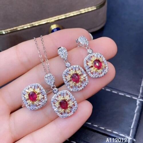 KJJEAXCMY fine Jewelry 925 sterling silver inlaid natural ruby girl popular pendant ring earring set support test Chinese style
