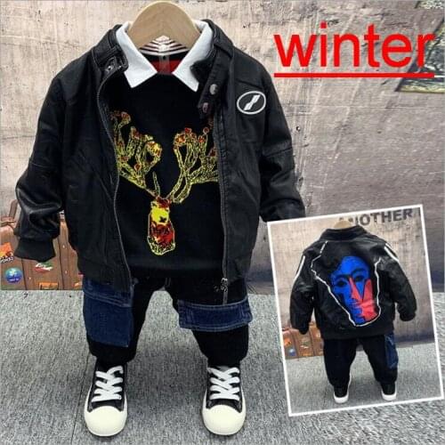 Winter Baby Boys Clothes Set Kids Plush PU Jacket + Knitted Sweater +Thicken Jeans 3pcs Outfit Casual Fashion Children Set 2-6Y