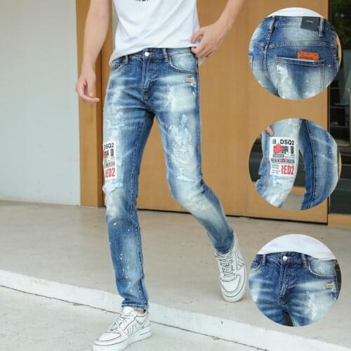 Hot fall 2021 dsquare fashion street style solid denim trousers torn jeans man crime new leisure slender blue d2 jeans