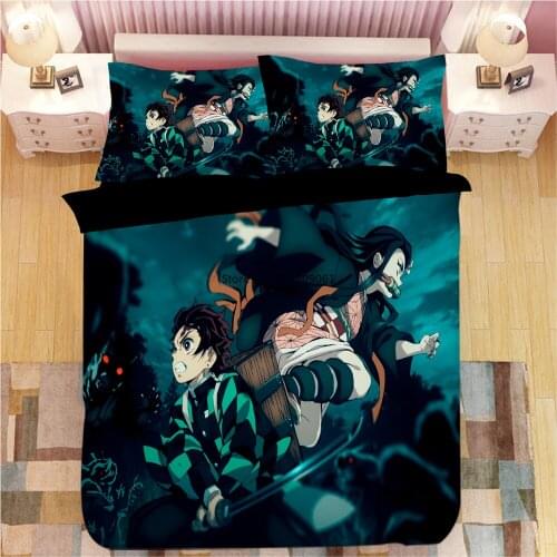 Demon Slayer Sticker Bed Linen Cartoon Anime Duvet Covers Pillowcases Kids Anime Comforter Bedding Sets Bedroom Adornment