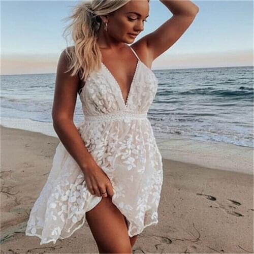 Summer New Women Lace Dress Spaghetti Strap Sleeveless Off Shoulder Sundress V Neck Dress Ladies White Mini Vestidos High Waist