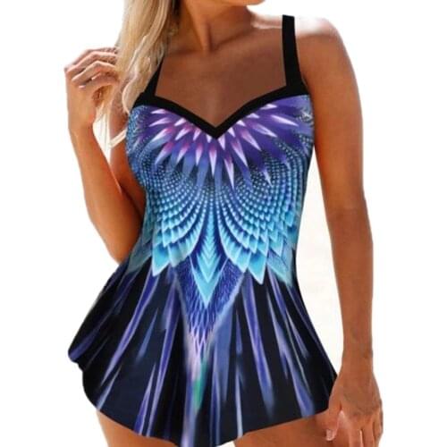 Plus Size 5xl Two Piece Tankini Large Size 3xl Swimwear Print Feather Swimdress Swimsuit with Skirt Shorts Swim Sports Swimming