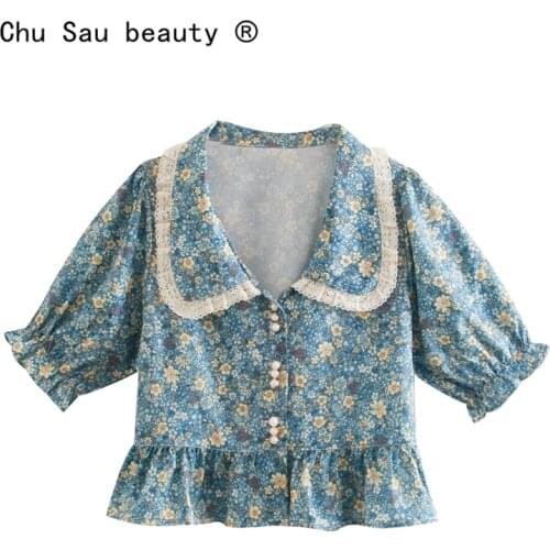 New French Style Lace Patchwork Floral Print Crop Tops Women Summer Casual Chic Peter Pan Collar Blouses Female Fashion Top