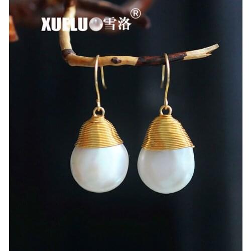 XUELUO Hot Selling ! 13-14mm Gorgeous Coin Natural Cultured Fresh water Baroque Pearl Earrings ,Pearl Earrings Jewelry