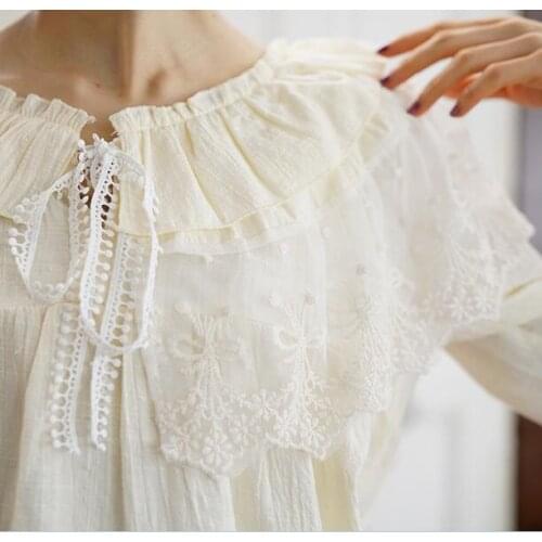 Japanese Mori Girl Sweet Lace Cotton Lace Crochet Shirt Ruffled Collar Pull Femme Hiver Women Tunic Coat Tops Cute Lolita Blouse