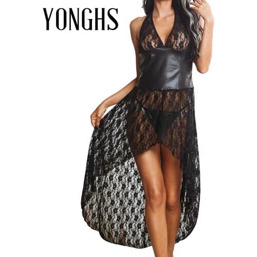 Womens Lingerie Floral Lace Dresses Halter V Neck Lace-up Faux Leather See-through Patchwork Dress Asymmetrical Hem Sexy Dress