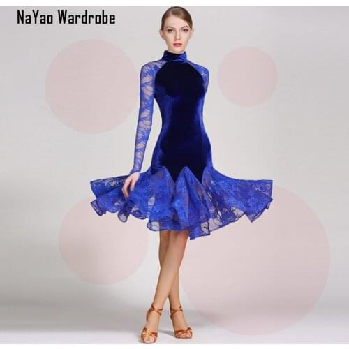 2021 New GB002 Lace Patchwork Yarn Puffy High Neck Latin Dance Dress Women Performance Modern Dance Dress Latino Dancewear