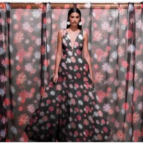 White waxberry Fireworks Printed Silk Crinkle Chiffon 100%Silk Materials Summer Women Dress Sewing Cloth Tailor Freeshipping