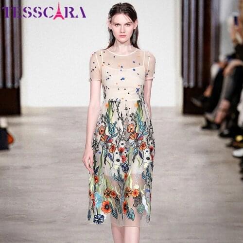 TESSCARA Women Luxury Embroidery Mesh Dress Festa Female Elegant Wedding Party Robe High Quality Designer Cocktail Vestidos