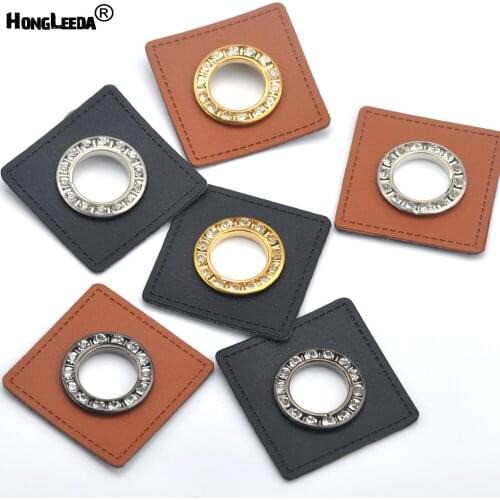 30pcs/lot 37mm square black/brown PU leather sew on Badges patch labels + 22mm metal brass glass rhinestone grommets eyelets