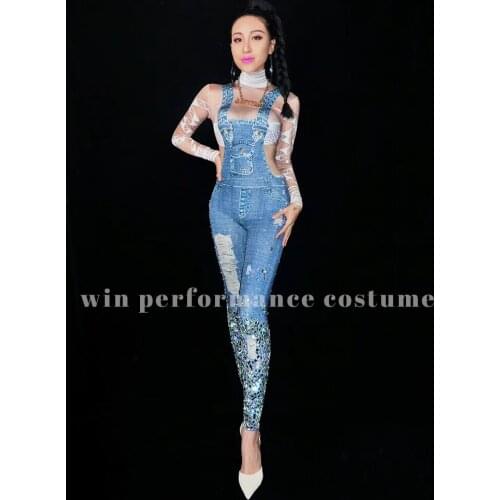 Strap jeans jumpsuits tight Cowboy stage Nightclub Carnival bachelor birthday party cosplay win performance costume10167