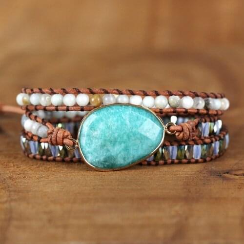 Exclusive Wrap Bracelet Amazonite Crystal Leather Strap Bracelets Multilayers braid Statement Bracelet jewelry Dropshipping