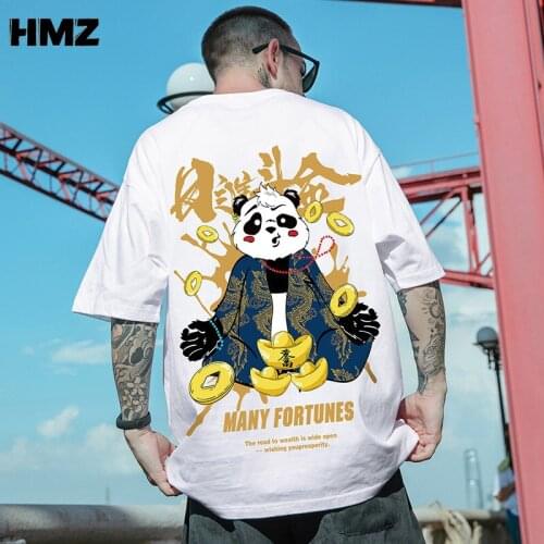 HMZ Oversized Tee Panda Print Loose Half Sleeve Summer 2021 Mens Hip Hop Top Pure Cotton T-Shirt Couple Clothing Streetwear
