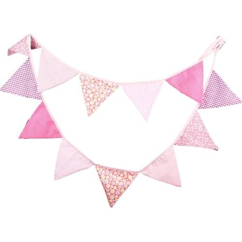 3.2m 12 Flags Pink Flowers Printed Cotton Fabric Bunting Pennant Flag Banner Garland Wedding/birthday Party Decor