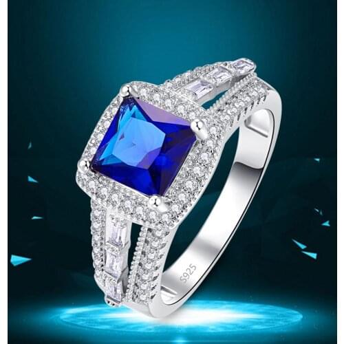 J.C Princess Cut Sapphire & White Topaz 925 Sterling Silver Ring Size 6 7 8 9 Women Blue Wedding Fine Jewelry Gift